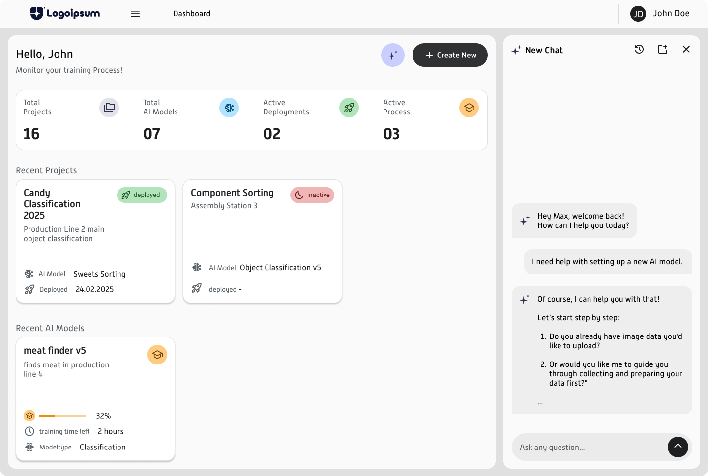 Dashboard einer KI-Trainingsplattform