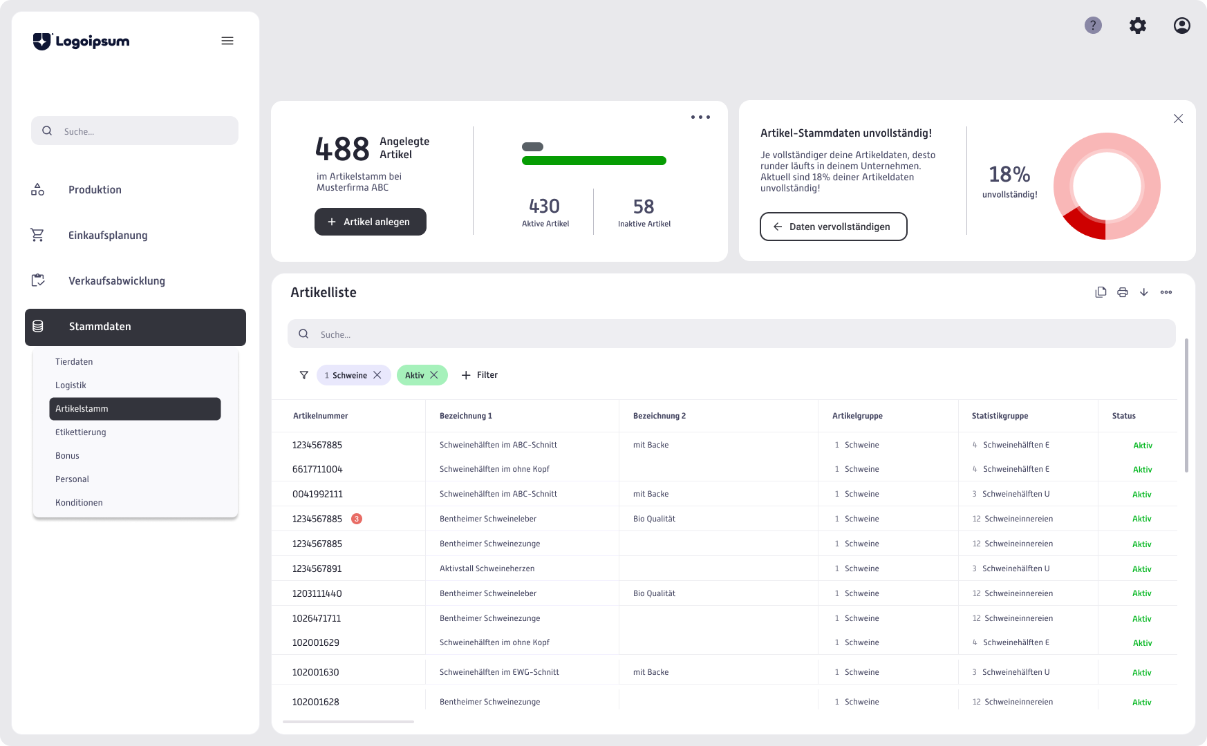 Neues Artikelstamm-Dashboard mit globaler Navigation, Übersichts-Cards, Suche, Filter-Chips und Artikelliste