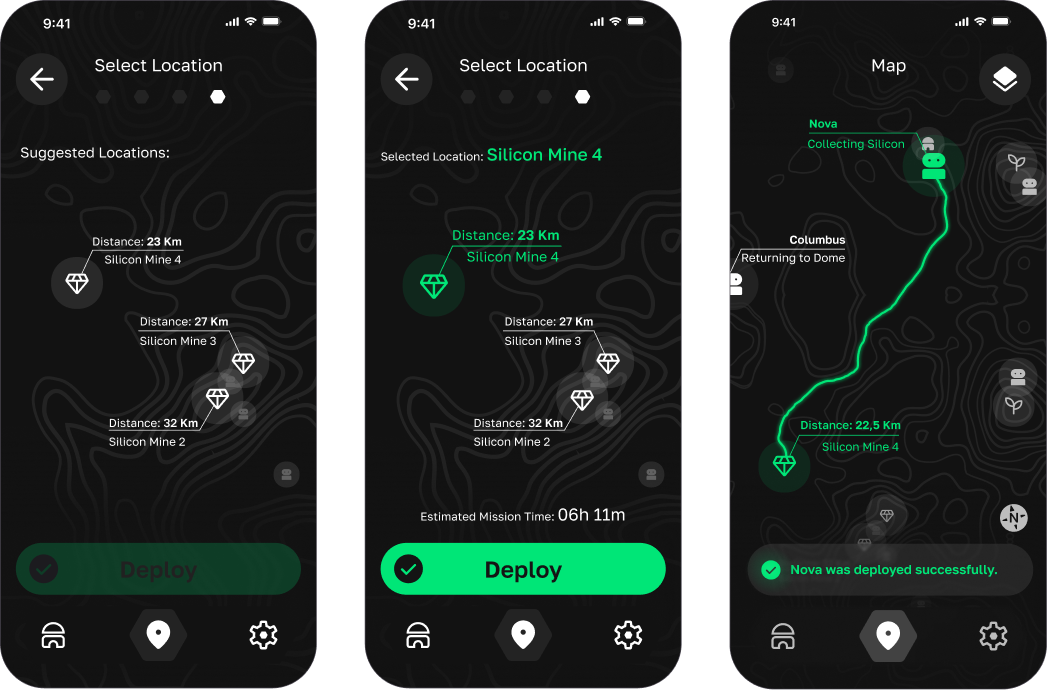 Deployment-Flow: Standort vorschlagen, Standort bestaetigen und deployen, dann Live-Karte mit gruener Route