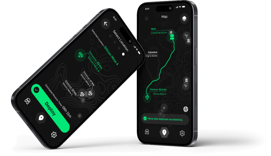 Zwei iPhones mit hexa.-Screens – Kartenansicht und Hexabot-Routing