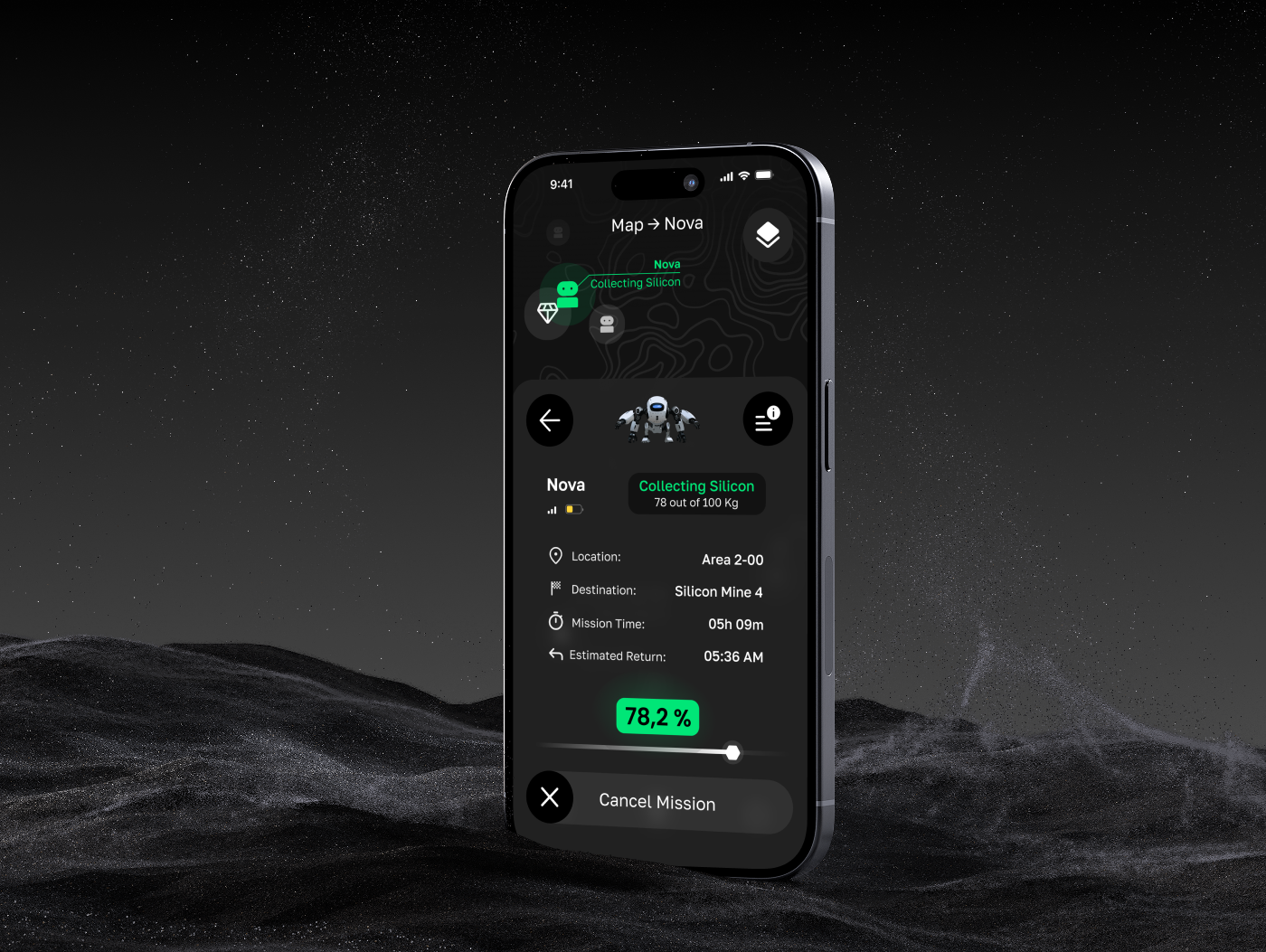 hexa., Companion-App für eine Mond-Robotik-Flotte, auf einem iPhone über einer Mondlandschaft