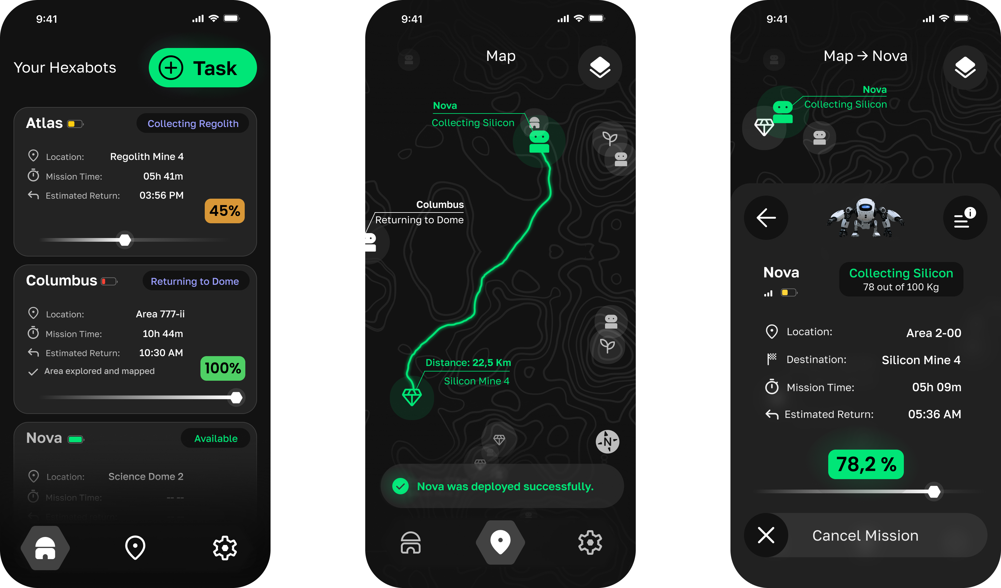 Drei iPhones mit hexa.-Screens, frei schwebend – Dashboard, Task-Deployment und Kartenansicht